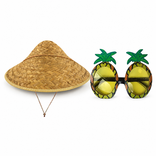 Conical straw hat and exact pineapple novelty glasses summer set