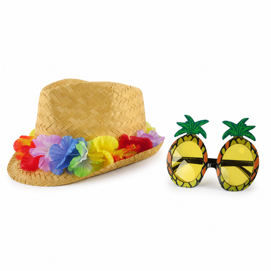 Flower band straw hat and exact pineapple novelty glasses Hawaiian set