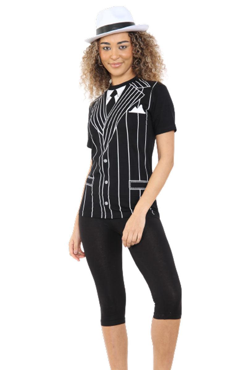 Unisex Gangster Printed T-shirt Black Short Sleeves Novelty Stag Do Fancy Dress Party Top - Labreeze