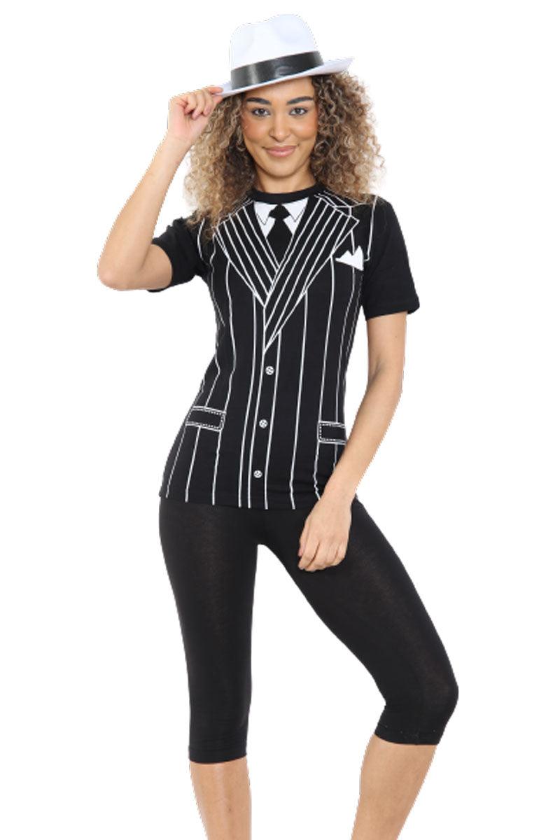 Unisex Gangster Printed T-shirt Black Short Sleeves Novelty Stag Do Fancy Dress Party Top - Labreeze