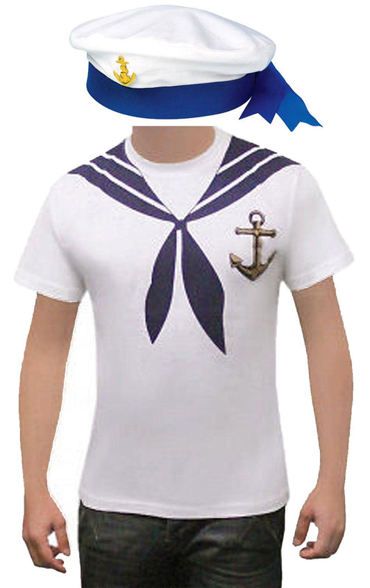 Unisex Sailor Printed T-Shirt Sailor Hat with Blue Ribbon Navy Marine Sea Fancy Dress Set - Labreeze