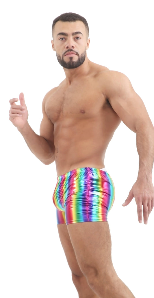 Unisex Shiny Metallic Rainbow Hot Pant Gay Pride Sexy Wet Look Stretchable Shorts Pants - Labreeze