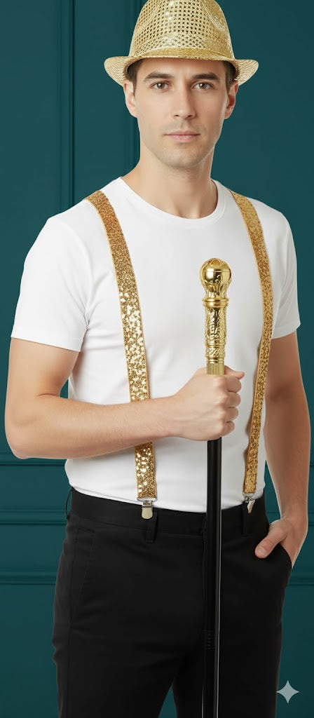 labreeze Gold Sequin Gangster Hat with Matching Braces and Top-Cane Set – Adult Christmas Fancy Dress Accessories