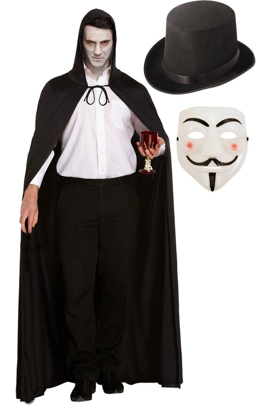 V for Vendetta Face Mask Black Long Cape with Hood Lincoln Top Hat Halloween Scary Vendetta Fancy Dress Costume - Labreeze
