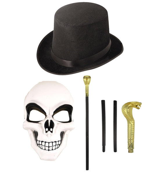 White Skeleton Face Mask Black Velour Topper Hat Snake Head Cane Stick Halloween Scary Day of Dead Fancy Dress Set - Labreeze