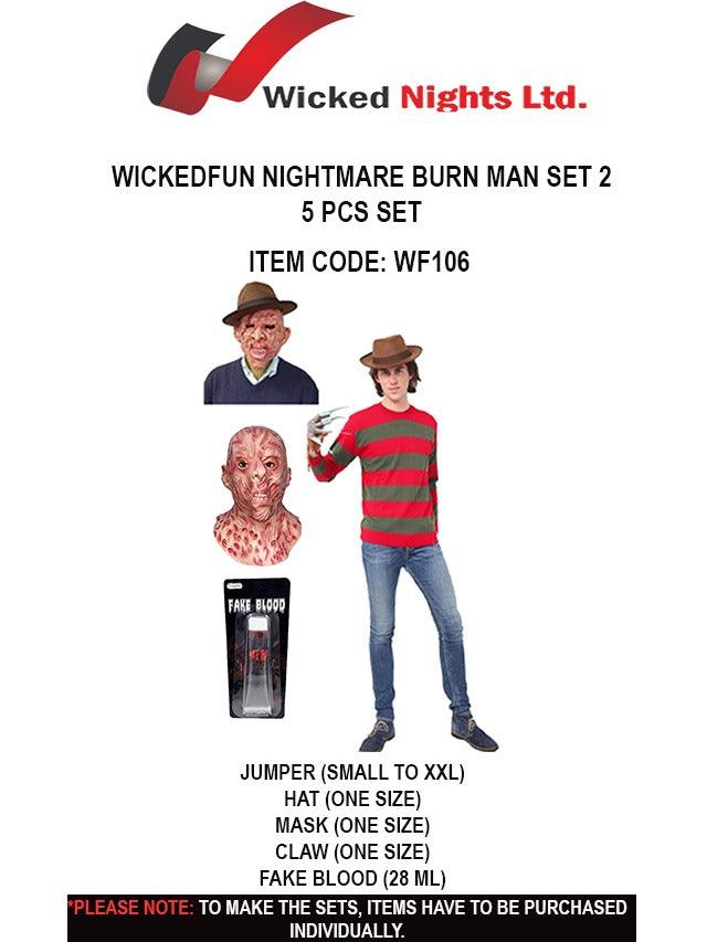 “Wicked Fun Nightmare Burn Man Costume Set 2: Blaze a Trail of Fear”. “Wicked Fun Nightmare Burn Man 5-Piece Costume Set: Hat, Mask, Claw, Fake Blood, and More - Labreeze