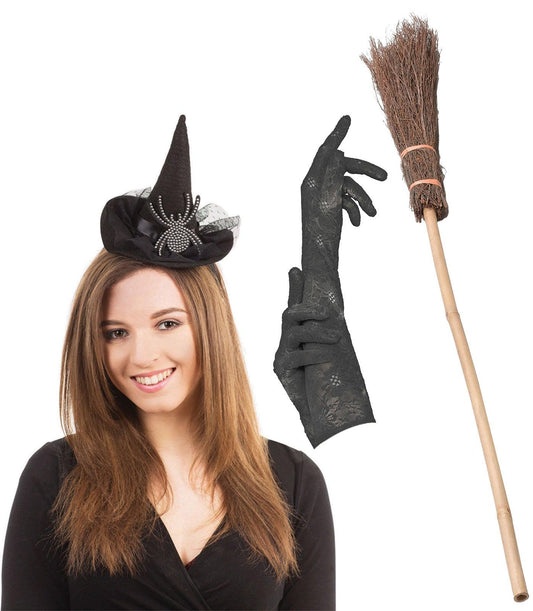 Witch Hat Headband with Diamante Spider Black Long Lace Gloves Broom Stick Halloween Scary Witch Costume - Labreeze