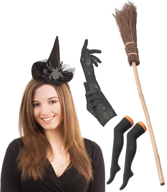Witch Hat Headband with Diamante Spider Black Long Lace Gloves Broom Stick OTK Socks Halloween Scary Witch Costume - Labreeze