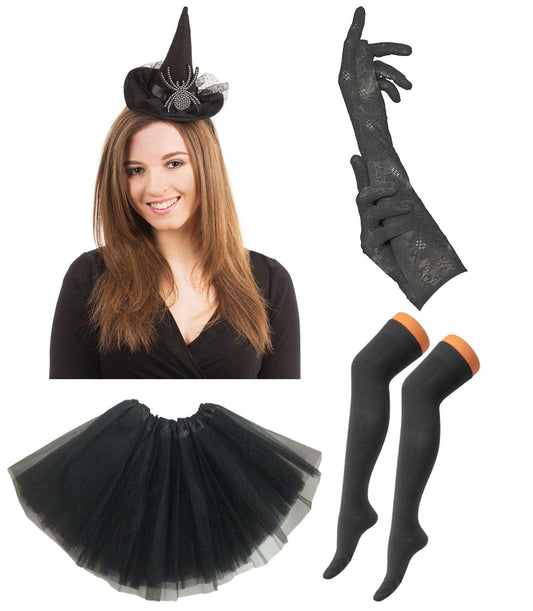 Witch Hat Headband with Diamante Spider Black Tutu Skirt Lace Long Gloves OTK Socks Halloween Scary Witch Costume - Labreeze
