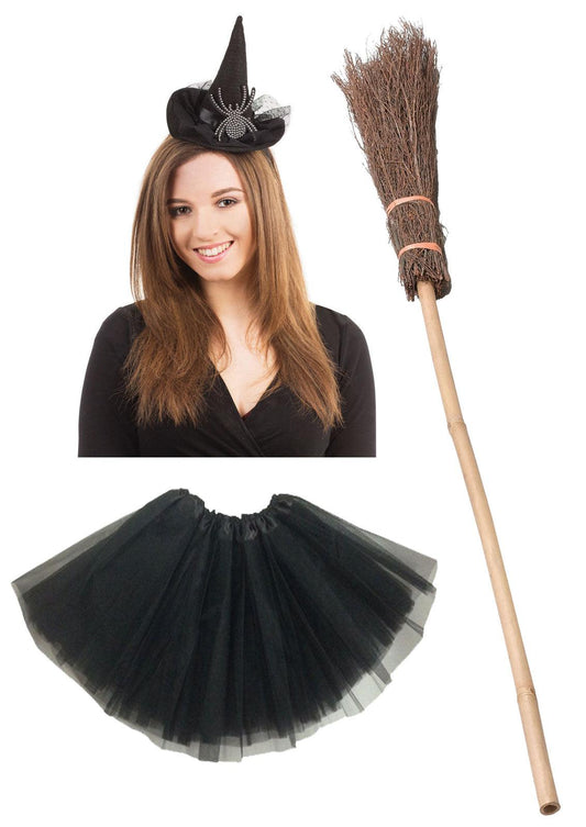Witch Hat Headband with Diamante Spider Broom Stick Black 3 Layer Tutu Skirt Halloween Scary Witch Fancy Dress Costume - Labreeze