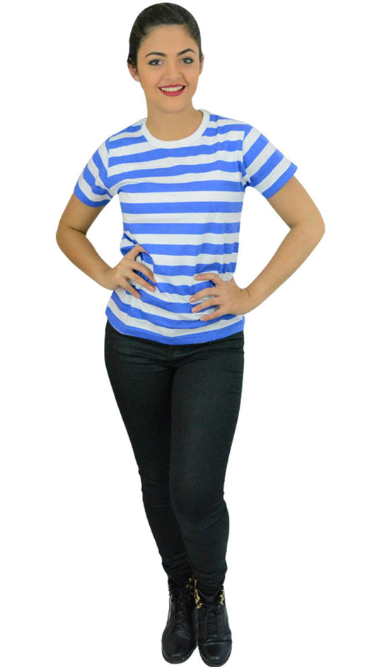 Women’s Blue &White Striped T-shirt Short Sleeves Regular Ladies Hen Night Tops - Labreeze