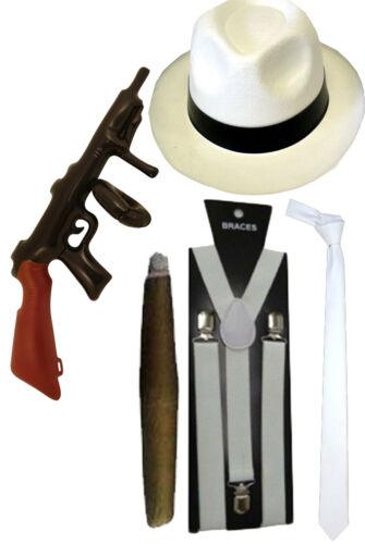 1920s GANGSTER FANCY DRESS AL CAPONE PIMP CIGAR MENS WHITE HAT TIE BRACES - Labreeze