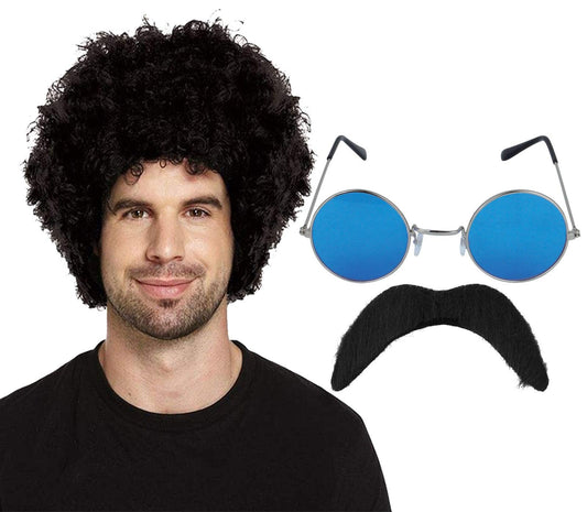 1970’s Afro Curly Wig Blue Tinted Glasses Fake Moustache Funky Disco Party 3 Pcs Set - Labreeze