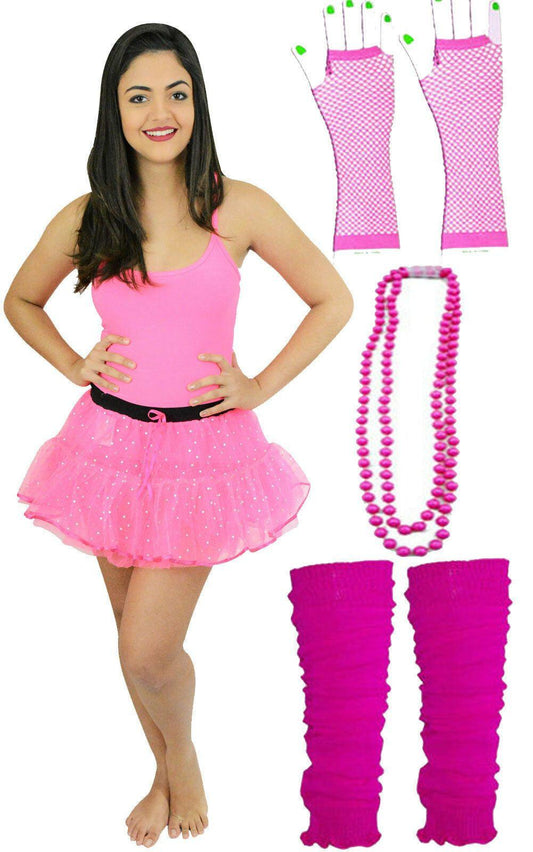 1980'S NEON UV hen party costume pink sequin tutu gloves leg warmers beads - Labreeze