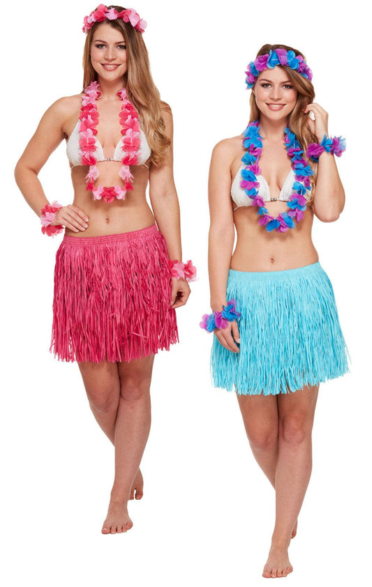 5pc Hawaiian Accessories Set Ladies Girls Hula Skirt Cuffs Headband Garland Beach Party Fancy Dress - Labreeze