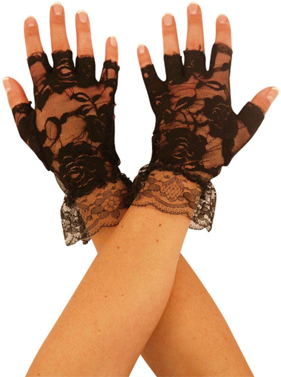 Adult Black Fingerless Lace Madonna Gloves Dress Up Fancy Dress Accessory - Labreeze