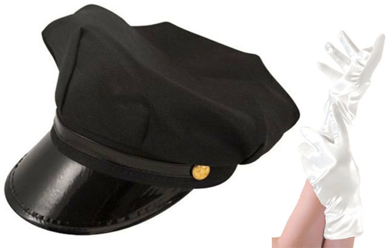 Adult Chauffeur Cap Limo Taxi Driver Hat and White Gloves Men's Fancy Dress Kit - Labreeze