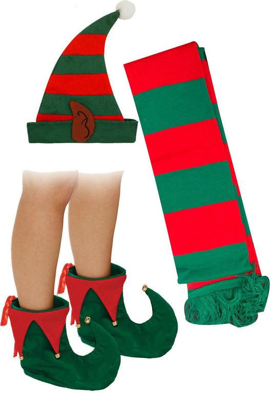 Adult Christmas Santa Helper Elf Hat Red Green Scarf Shoe Cover Xmas Fancy Dress - Labreeze