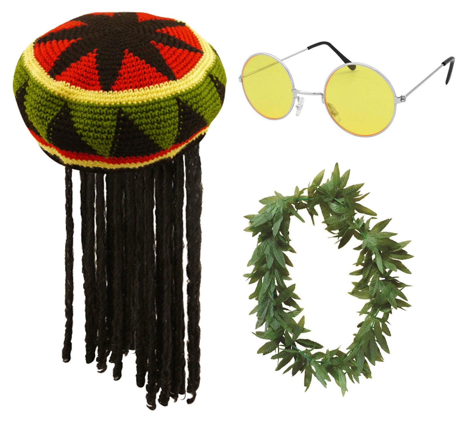 Adult Jamaican Rasta Hat Mary J Lei Glasses Yellow Lens Caribbean Party 3 Pc Set - Labreeze