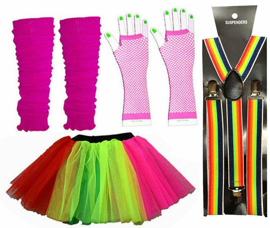 Adult Ladies Tutu Gloves Legwarmers & Braces Rainbow Gay Pride Fancy Dress Set - Labreeze