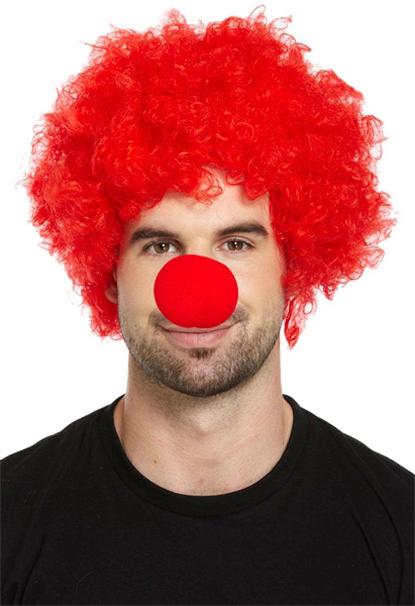 Adult Red Clown Afro Wig with Sponge Nose Halloween Fancy Dress Party Set - Labreeze