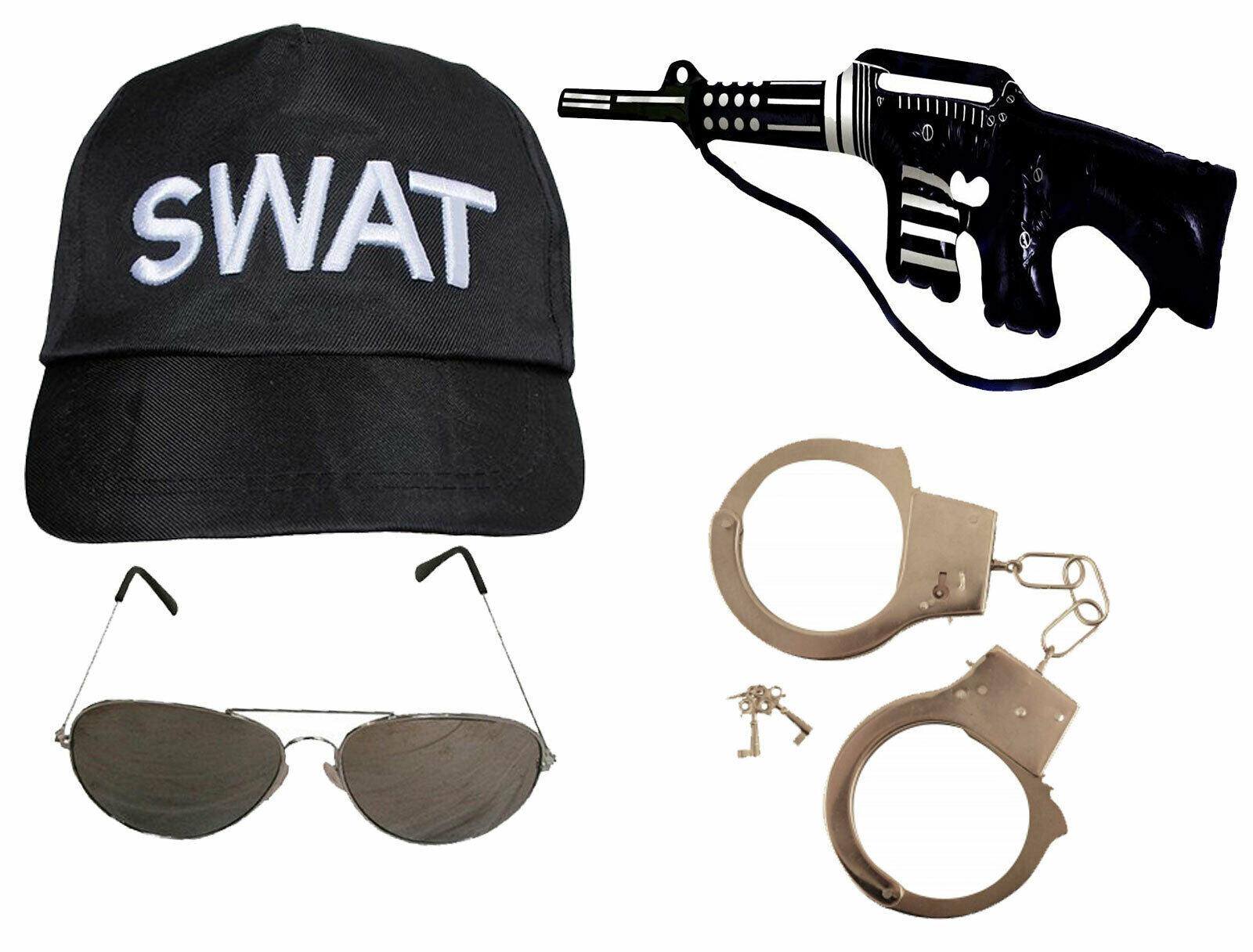 Adult SWAT Hat Handcuffs Glasses Machine Gun Unisex Police Costume Set - Labreeze