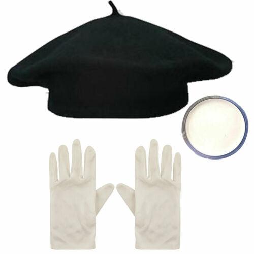 Adults Beret Hat, Gloves & Face Paint Silent French Clown Fancy Dress Costume - Labreeze