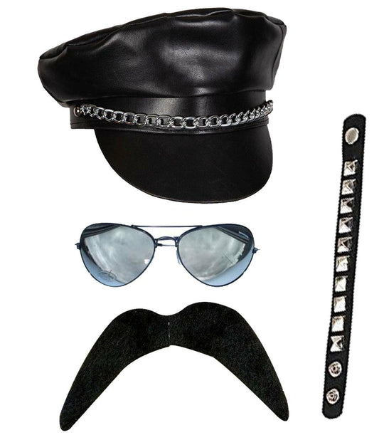 Adults Black Biker Cap Sunglasses Mustache Wristband Steam Punk Fancy Dress - Labreeze