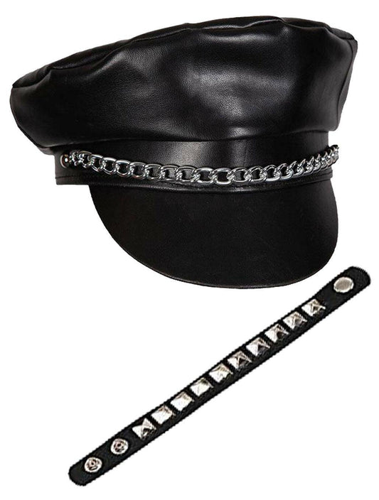 Adults Black Biker Cap with Chain Studded Wristband Steam Punk Fancy Dress - Labreeze