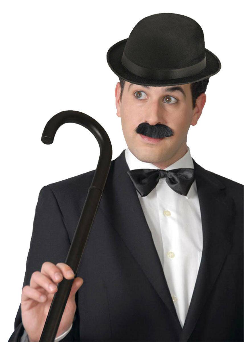 Adults Black Bowler Hat Walking Cane Bow Tie Charlie Chaplin Fancy Dress - Labreeze