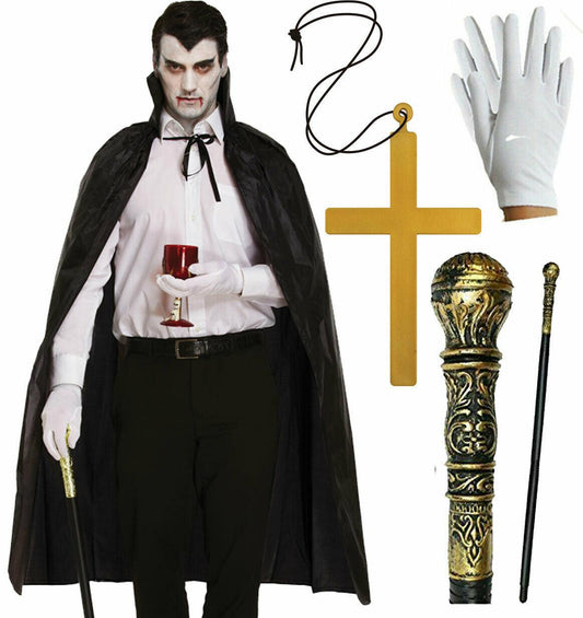 Adults Black Cape Cane Stick Monk Cross Necklace Gloves Halloween Party Costume - Labreeze