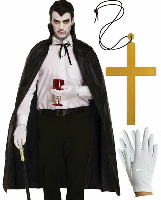 Adults Black Cape Cane Stick Monk Cross Necklace Gloves Halloween Party Costume - Labreeze
