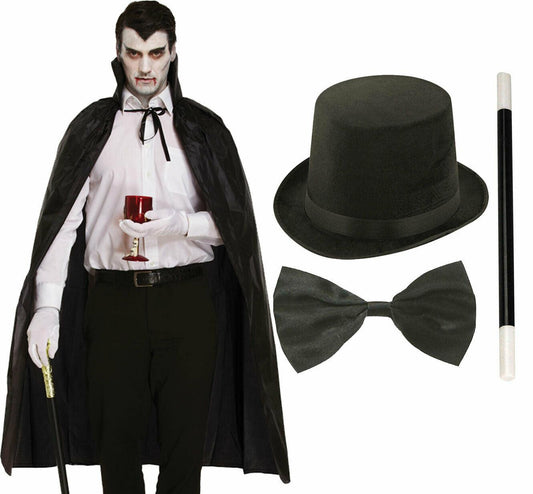 Adults Black Cape Lincoln Top Hat Bow Tie Gloves Halloween Vampire Costume - Labreeze