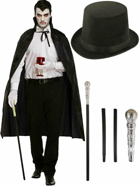 Adults Black Cape Lincoln Top Hat Silver Cane Stick Halloween Vampire Costume - Labreeze