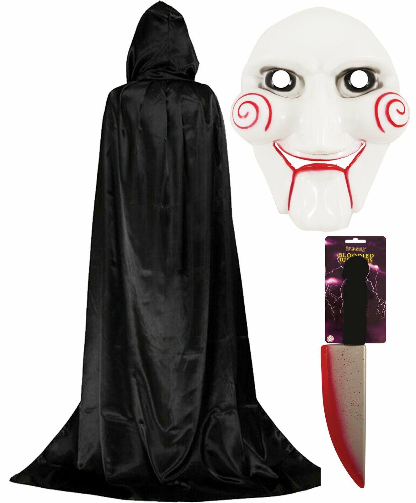 Adults Black Hooded Cape Jigsaw Mask Blooded Knife Halloween Fancy Dress - Labreeze