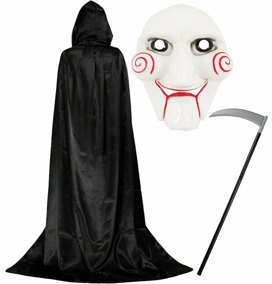 Adults Black Hooded Cape Jigsaw Mask Scythe Halloween Horror Party Fancy Dress - Labreeze