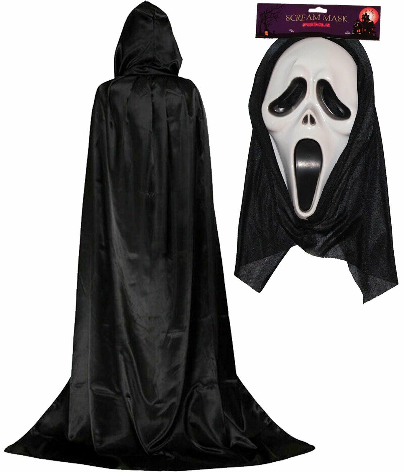 Adults Black Hooded Cape Scream Mask Halloween Horror Party Fancy Dress - Labreeze