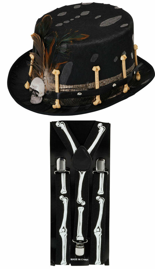 Adults Black Voodoo Top Hat Skeleton Braces Halloween Horror Fancy Dress Set - Labreeze