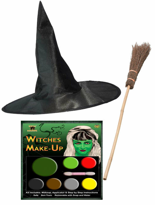 Adults Black Witch Hat Broom Make Up Pallet Halloween Horror Fancy Dress Set - Labreeze