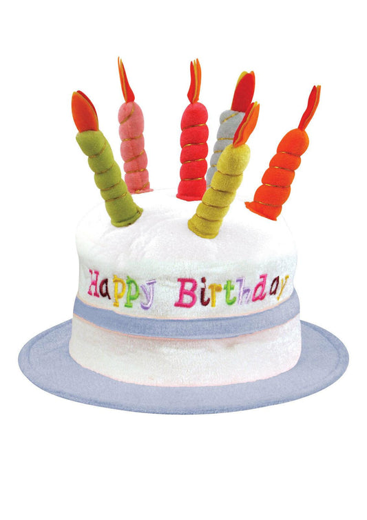 Adults Blue Plush Birthday Cake Hat Mock Candles Party Dress Up Accessory - Labreeze