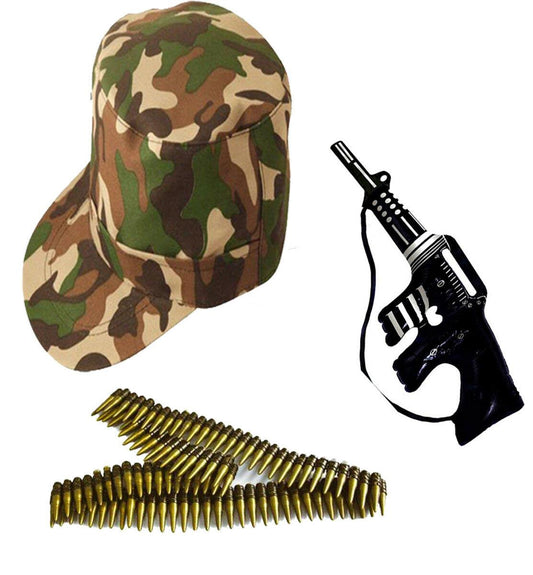 Adults Camouflage Cap Bullet Belt Inflatable Machine Gun Armed Forces 3 Pc Set - Labreeze