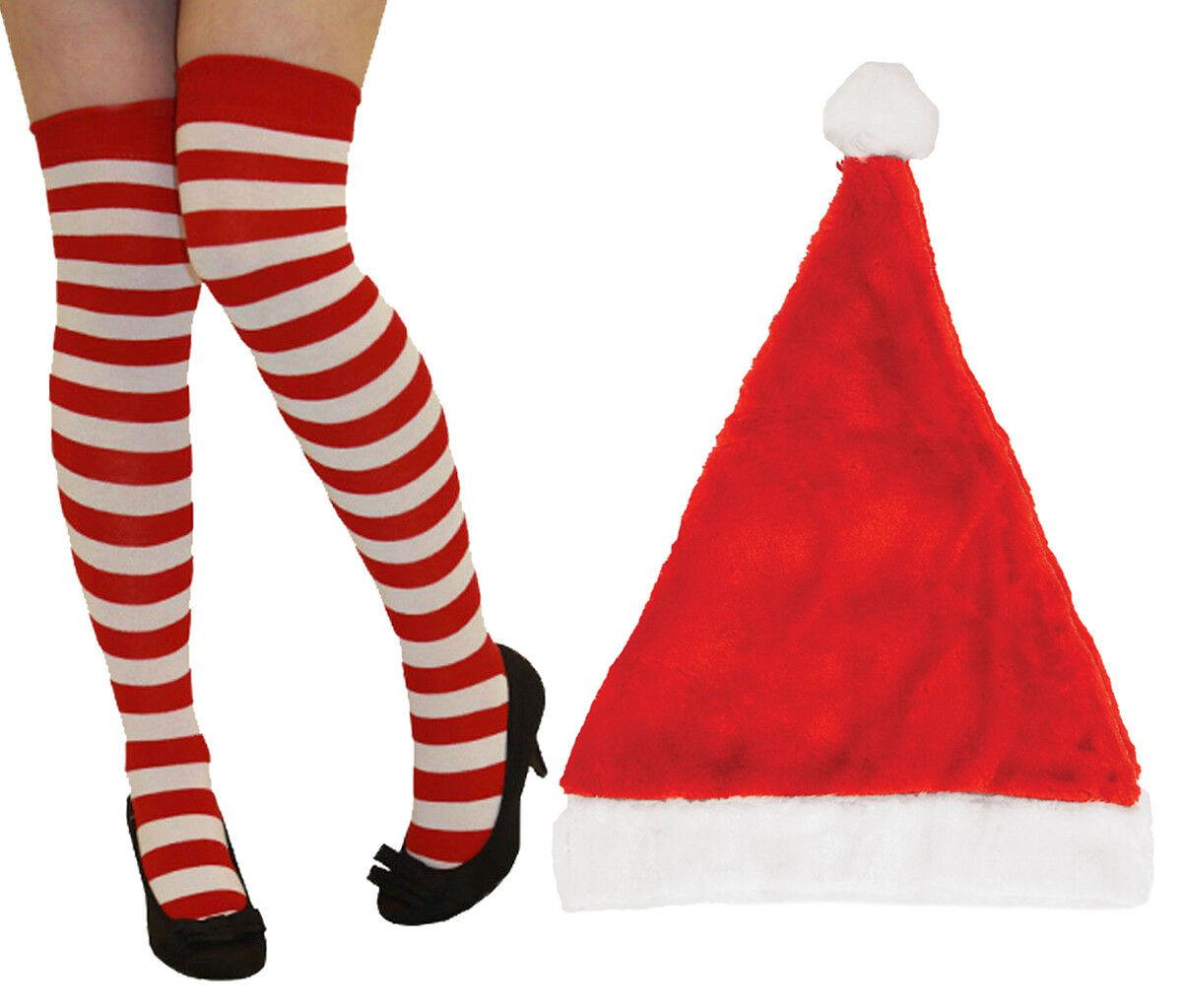 Adults Christmas Deluxe Santa Hat Red White Striped OTK Socks Xmas Fancy Dress - Labreeze