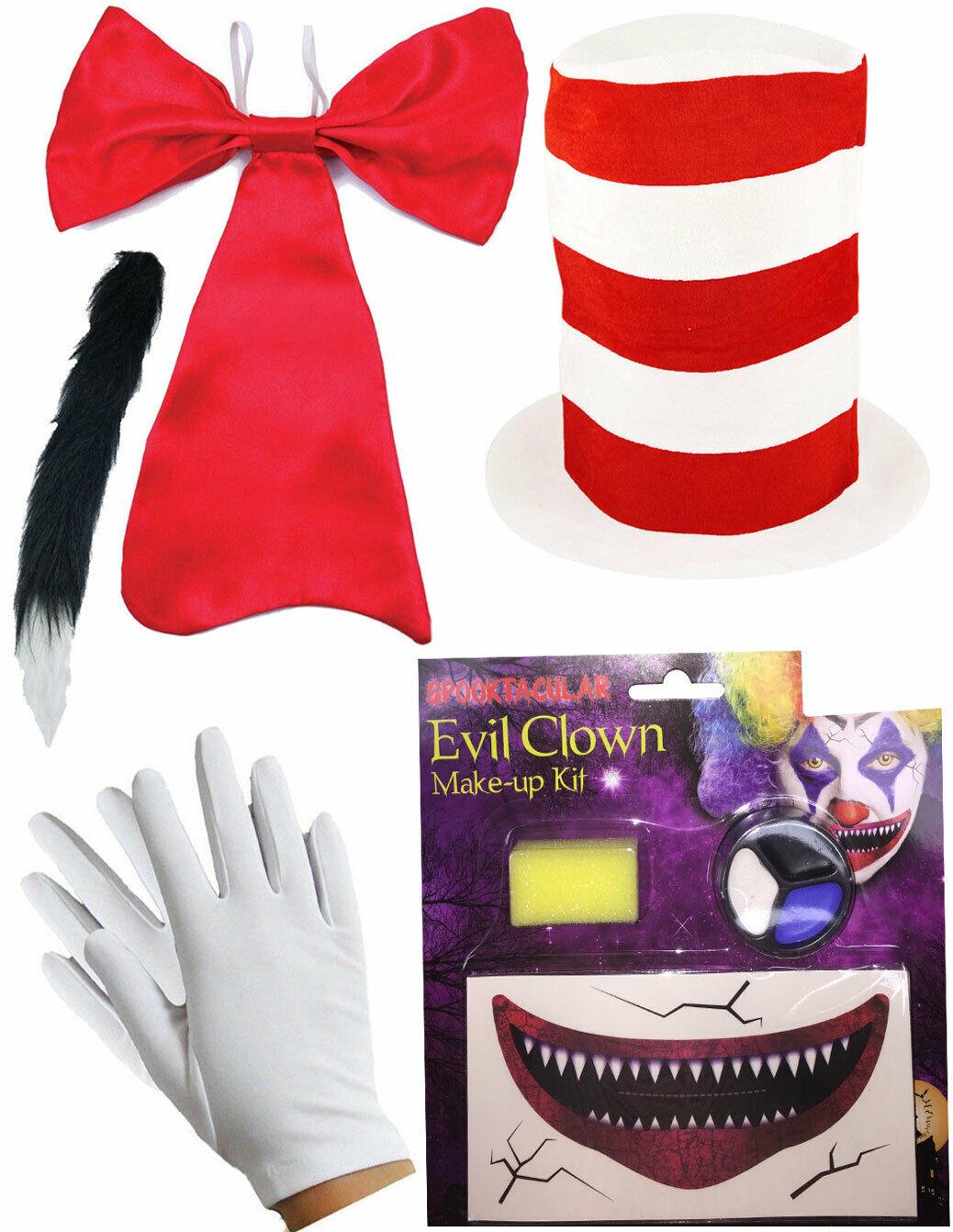 Adults Creepy Cat in Hat Bow Tie Tail Hat Gloves Make Up Halloween Fancy Dress - Labreeze