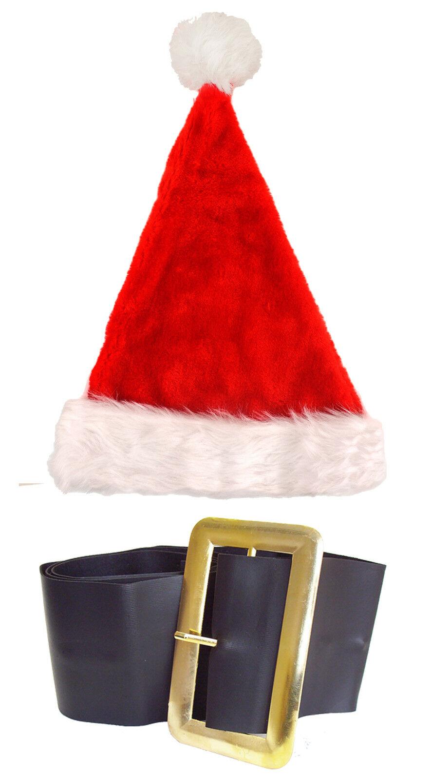 Adults Deluxe Christmas Red White Santa Hat Santa Belt Xmas Fancy Dress Set - Labreeze