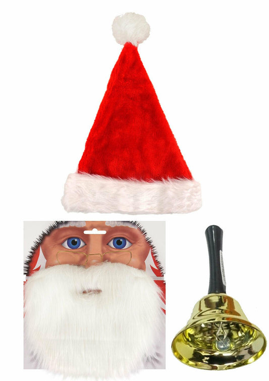 Adults Deluxe Santa Hat Red White Beard Bell Father Christmas Party Fancy Dress - Labreeze