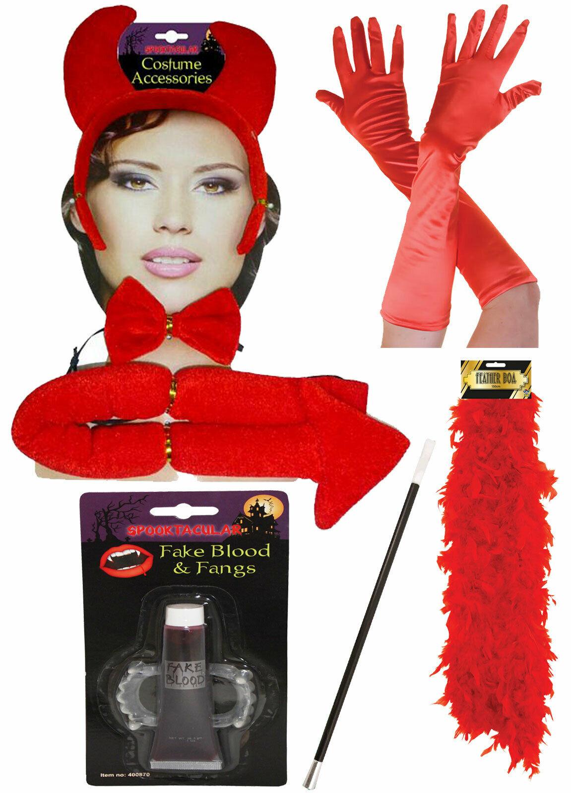 Adults Devil Set Headband Tail Bow Tie Gloves Boa Fangs Halloween Fancy Dress - Labreeze
