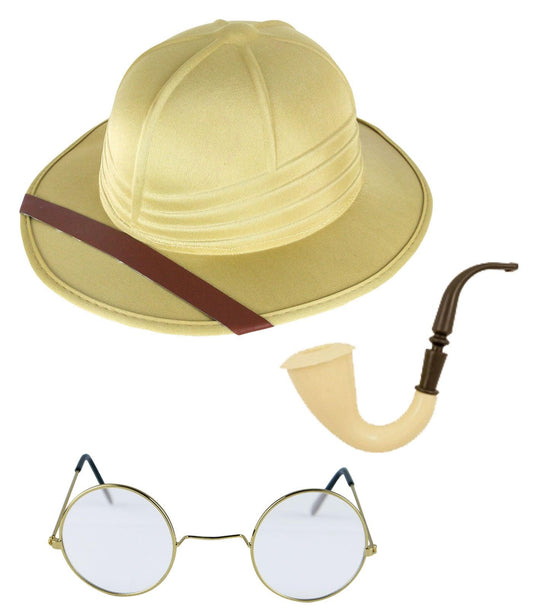 Adults Explorer Safari Pith Helmet Hat, Round Frame Glasses Fake Smoking Pipe Explorer Hunter Traveler Fancy Dress Set - Labreeze
