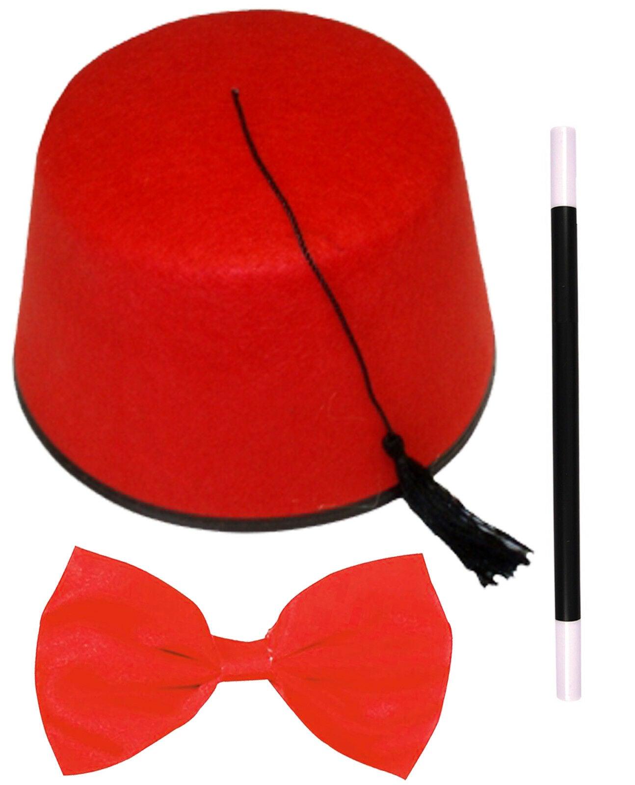 Adults Fez Hat Red Budget Bow Tie Magic Wand Moroccan Turkish Fancy Dress Set - Labreeze