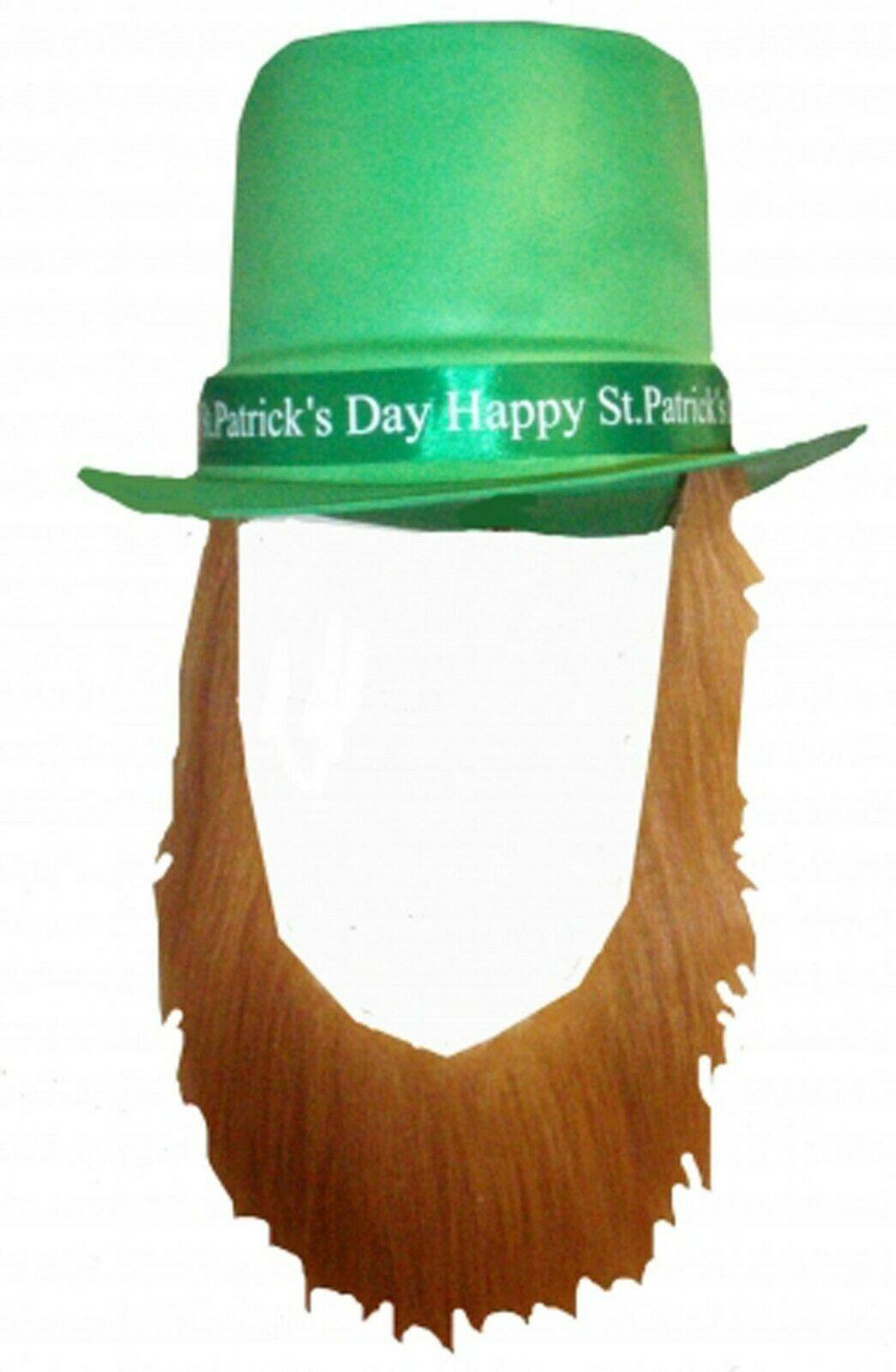 Adults Green Irish Ireland Topper Hat & Ginger Beard Fancy Dress Accessory - Labreeze