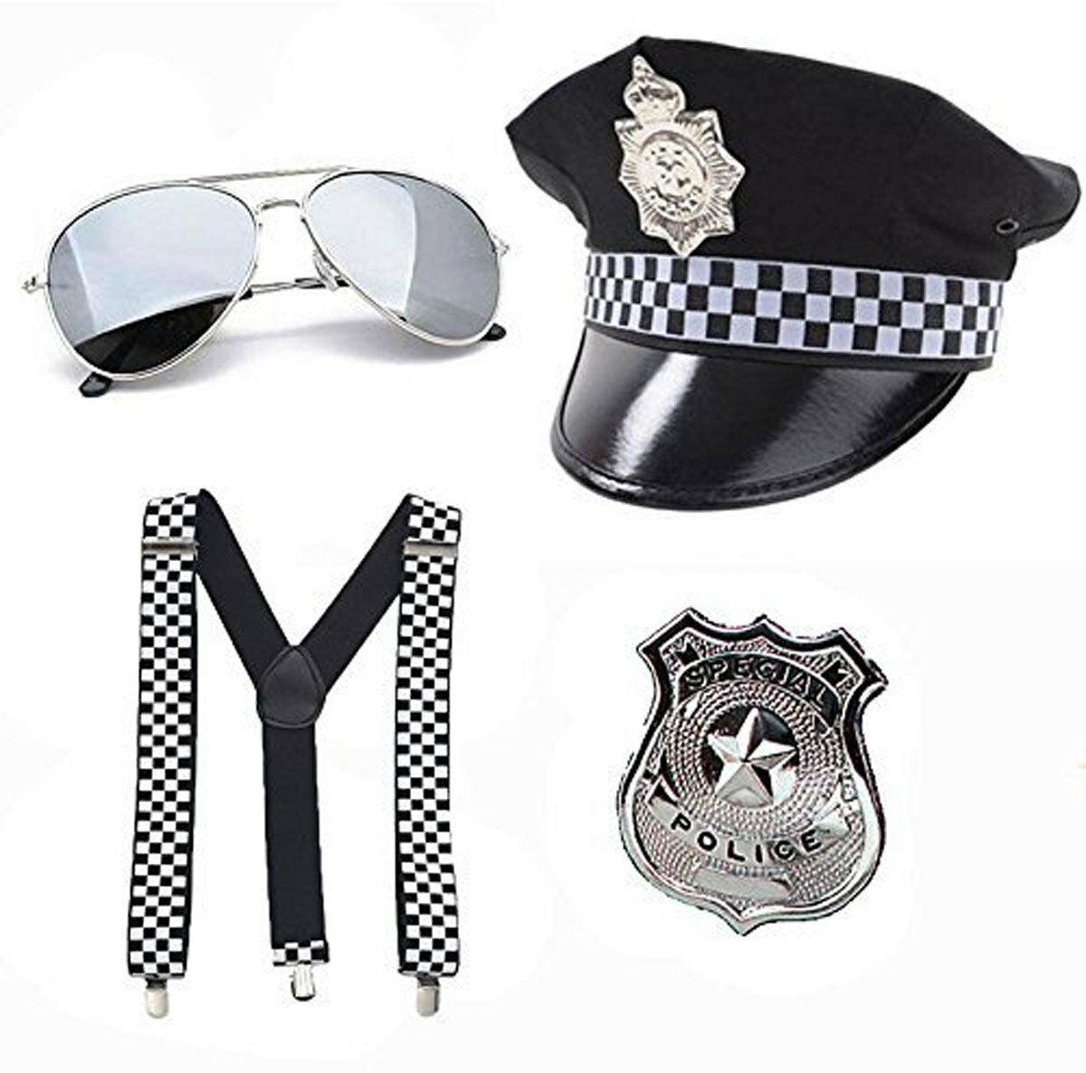 Adults Hat Braces Silver Aviators Metal Badge Police Fancy Dress Accessories - Labreeze